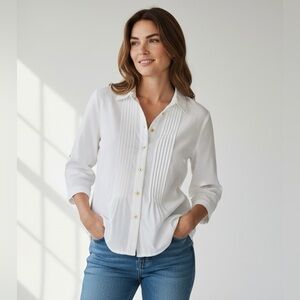 Traditions Linen Blend Button Down Pintuck‎ 3/4 Sleeve Shirt Petite 10P